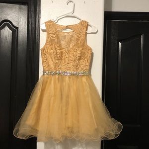 Formal champagne gold dress with rhinestone belt